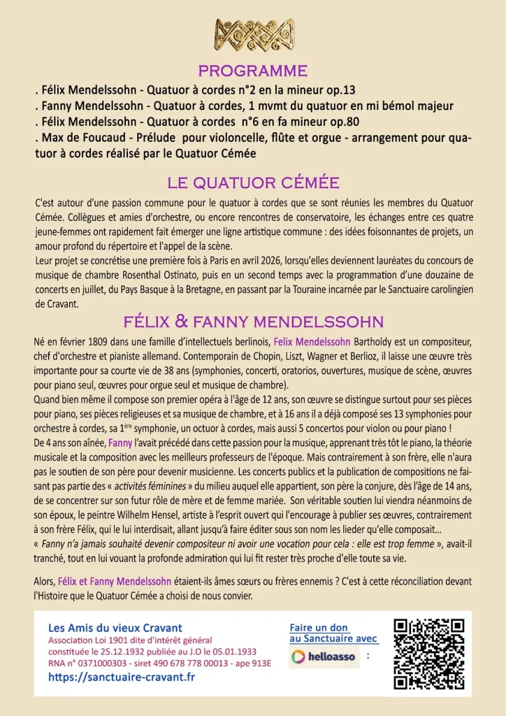 Concert du quator Cémée au sanctuaire de Cravant le 13 juillet 2026